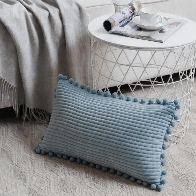 Fancy Homi Set of 2 Light Blue Lumbar Decorative Throw Pillow Covers 14x24 Inch with Pom-poms for Couch Bedroom Sofa, Farmhouse Boho Home Decor, Soft Corduroy Solid Baby Blue Cushion Case 35x60 cm