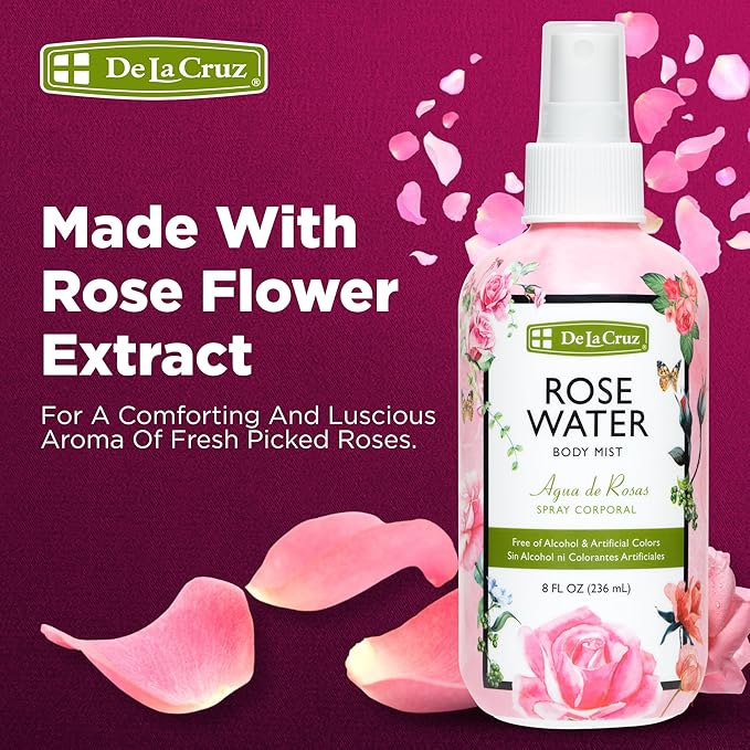 De La Cruz Pure Rose Water Body Mist,Rosewater Spray for Face, Skin & Hair, Rose Toner & Rose Water for Hair Alcohol Free, Paraben Free 8 fl oz (6 Bottles)