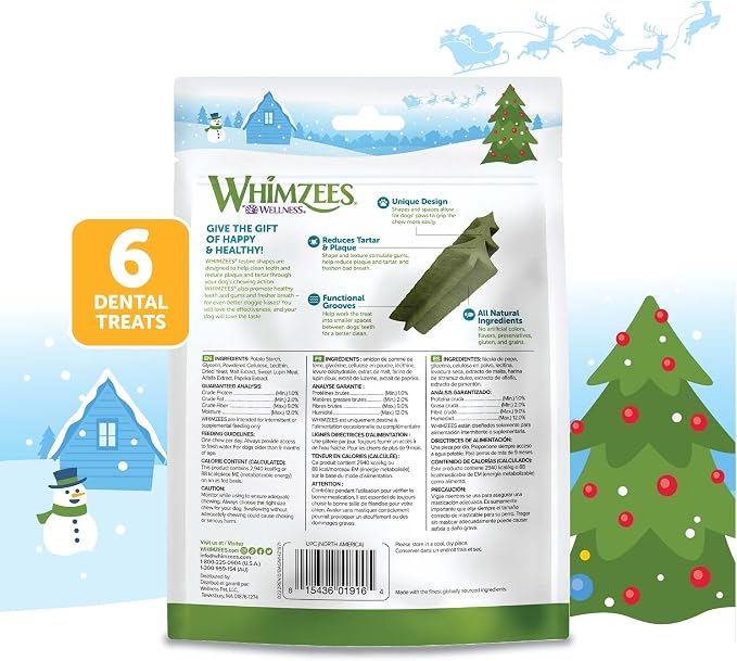 Whimzees by Wellness Holiday Natural Grain Free Dental Chews for Dogs, Medium Breed, 6 Count (Pack of 2)