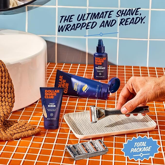 Dollar Shave Club | Total Package Gift Set | 4 Extra Close Refill Cartridges, 1 Heavy Metal Handle, 1 Prep Scrub 3 ounce, 1 Shave Butter 3 ounce, 1 Post Shave Dew 3.4 ounce, Razors for Men