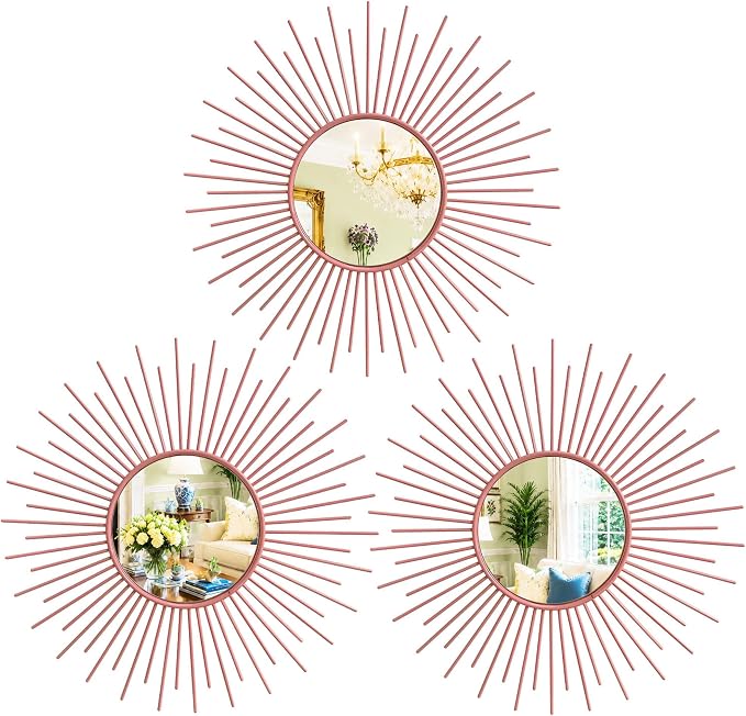 3 Pack Metal Mirrors for Wall Sunburst Wall Mirrors Home Décor Decorative Hanging Wall Art for Living Room Bedroom Entryway (Pink, Sunburst)