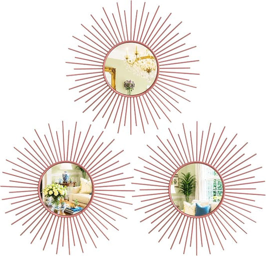 3 Pack Metal Mirrors for Wall Sunburst Wall Mirrors Home Décor Decorative Hanging Wall Art for Living Room Bedroom Entryway (Pink, Sunburst)