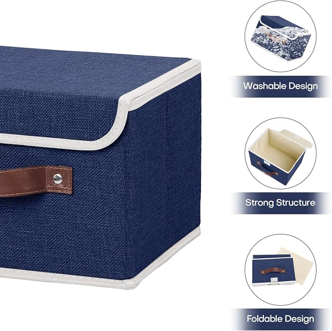 ANMINY Fabric Storage Box Bins with Lids, Blue, 13"x9"x7.9" | Keepsake Memory Storage, Cotton Linen, PP Board Reinforced, Washable, PU Handles, Foldable & Stackable, Decorative, Medium