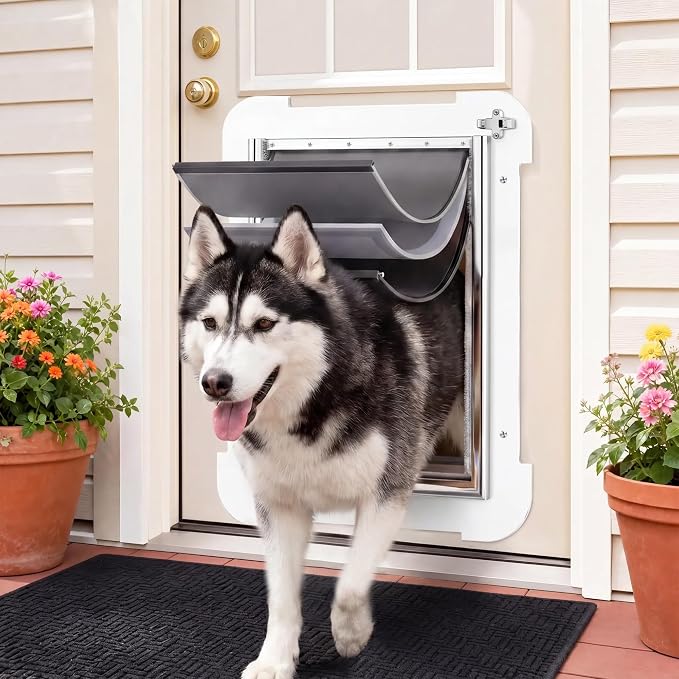 3-Flap Never Rust Extra Large Dog Door for Doors with Sliding Lock Panel | Steel Frame & Telescoping Tunnel Pet Door, Extreme Weather Durable, Weatherproof Doggy Door for Door (Pets Up to 220 Lb)