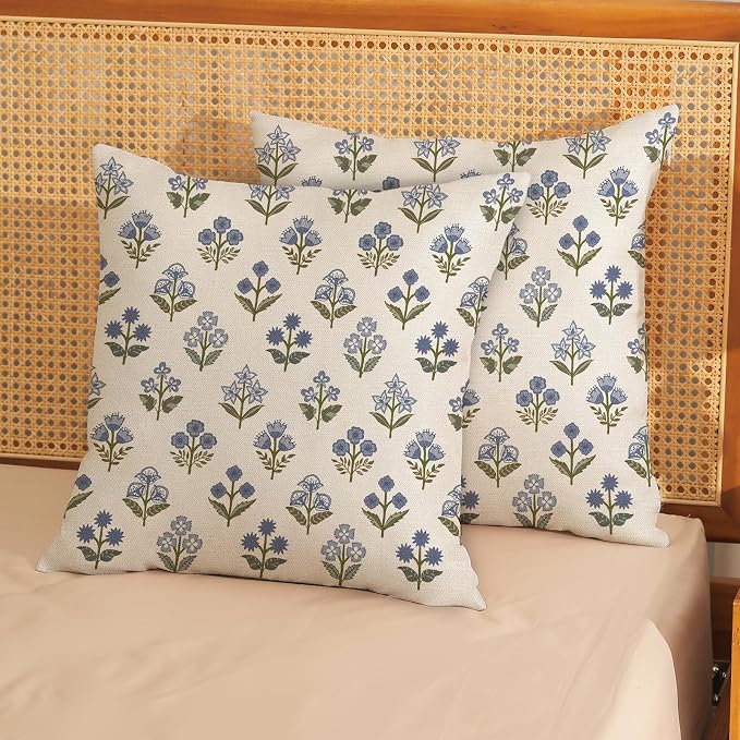 Farmhouse Floral Block Print Pillow Covers 18x18 Set of 2, Vintage Rustic Decorative Throw Pillows Modern Flower Cushion Covers for Sofa Couch Bed Living Room Home Decor, Sage Green Blue