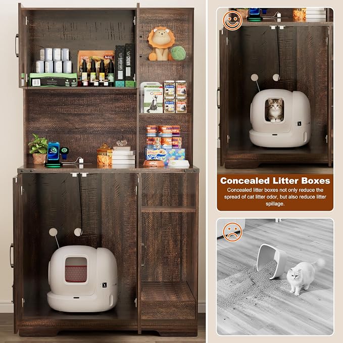 71Inches Tall Cat Litter Box Enclosure for Cats W/Power Outlets,Open Shelves.Wooden Pet Washroom Furniture W/Locks,Cabinet.Indoor Cats House,Hidden Cat Litter Box for Living Room,Bedroom(Brown-3)