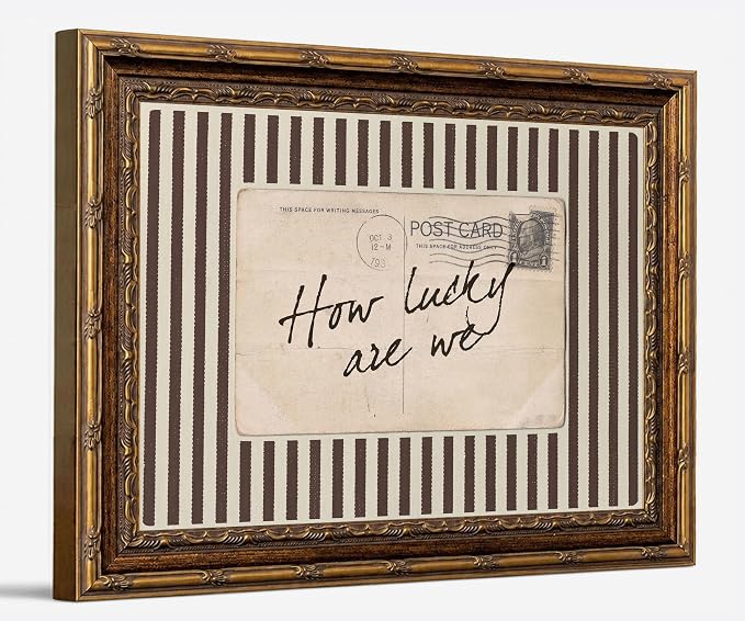 Vintage Gold Framed How Lucky We Are Wall Art Retro Inspirational Canvas | Antique Striped Postcard Quote Poster Print Painting for Bedroom Dorm Apartment, 8x10 Inch