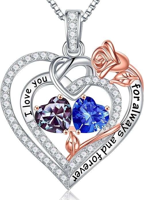 Iefil Valentines Day Gifts for Her Wife - 925 Sterling Silver Double Birthstone Necklace, Anniversary Birthday Gifts for Women, Jewelry Gift for Wife Girlfriend Mom Her