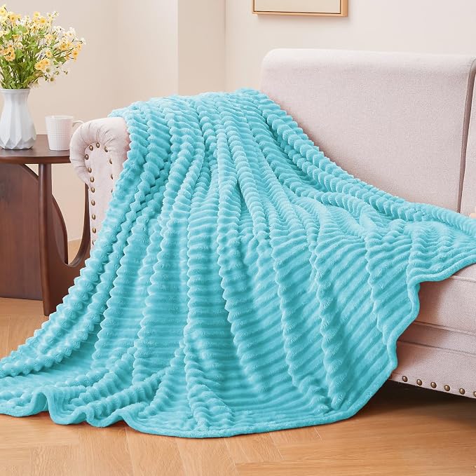 BEDELITE 3D Ribbed Light Blue Fleece Throw Blanket for Couch, 50x60 Inch | Soft Warm Decorative Fluffy Blanket, Cozy Plush Lightweight Fuzzy Throw Blanket for Bed Sofa Home Room Decor, Gift for Women