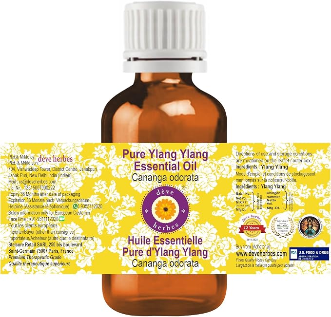 Deve Herbes Pure Ylang Ylang Essential Oil (Cananga odorata) Steam Distilled (Pack of Five) 100ml X 5 (16.9 oz)