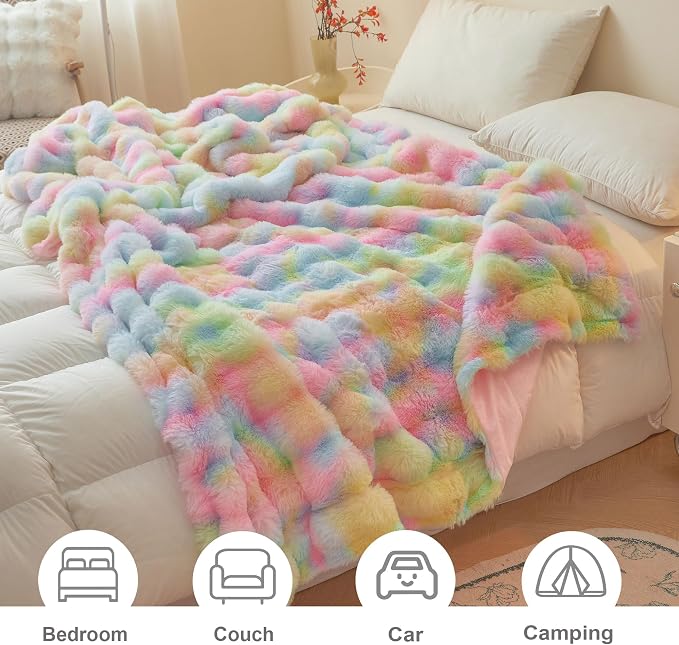 LIFEREVO Luxury Fluffy Faux Rabbit Fur Throw Blanket 50x60, Rainbow | Soft Plush Bubble Blanket for Bed Couch Sofa Office, Decorative Cute Tie Dye Shaggy Lap Throw for Kids Girls Adults, Washable