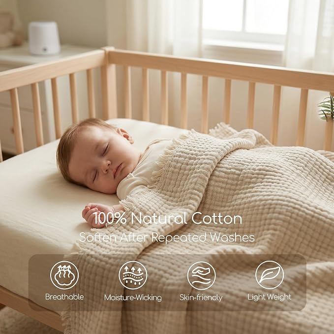 WDCOZY 100% Cotton Muslin Blanket King Size 4-Layer for Bed Breathable Lightweight Soft Large Boho Farmhouse Linen Tassels Ruffle Gauze Blankets All Season for Adults 108x90 Inches Beige Tan Neutral