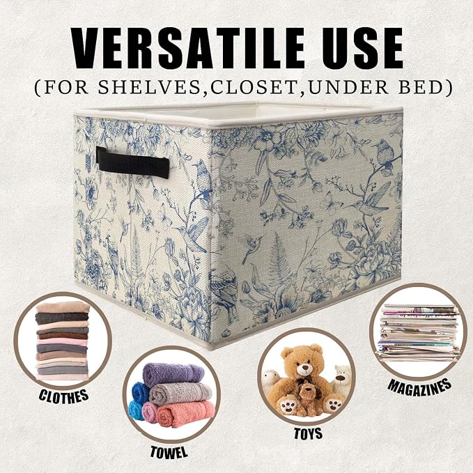 Blue and White Chinoiserie Storage Bins Basket, Vintage Bird Floral Botanical Grandmillennial Collapsible Fabric Storage Box Organizer Toybox for Bedroom Bathroom Clothes Books Toys