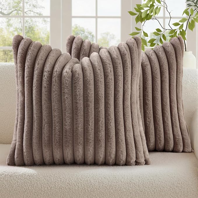decorUhome Fall Faux Fur Throw Pillow Covers 24x24 Set of 2 Light Coffee | Decorative Soft Cozy Striped Plush Modern Farmhouse Boho Couch Pillow Cases Velvet Back for Sofa Bed Living Room Home Decor