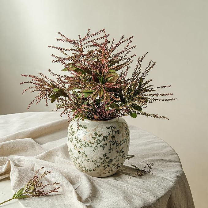 Ceramic Flower Vase for Home Decor, Vintage Decorative Green Vase 6.7 Inch | Rustic Farmhouse Floral Vase for Living Room, Coffee Table, Mantel, Kitchen, Bookshelf, Entryway, Wedding Centerpiece