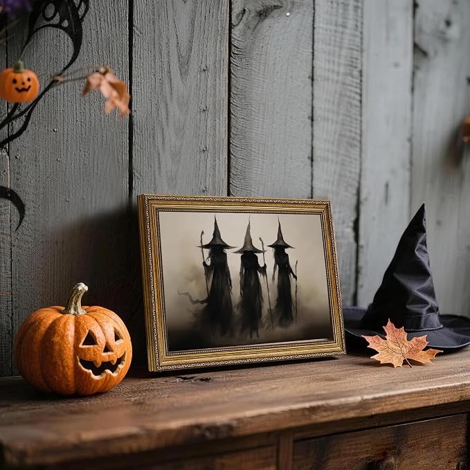 JLTULT Three Witches Halloween Wall Art, Gothic Framed Canvas, 8 x 10 in | Dark three-witch scene on fade-resistant canvas with an ornate ready-to-hang PS frame for entryways and Halloween displays