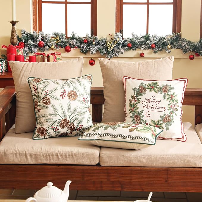 French Chrismas Velvet Throw Pillow Cover,Set of 2,18"x18"-Carol B | Vintage Square Pillow Cover,Concealed Zipper Design,Pinecones Pattern,Sofas,Bedroom,Living Room,Lounge Chairs,Decor