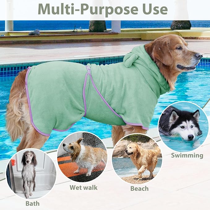 Dog Bathrobe Super Absorbent Towel Robe - Microfiber Bath Towels Fast Drying Coat for Dogs, Cute Dogs Clothes Adjustable Collar & Belly Strap Warm Keeping Hooded Dog Towel (Light Green, XX-Large)