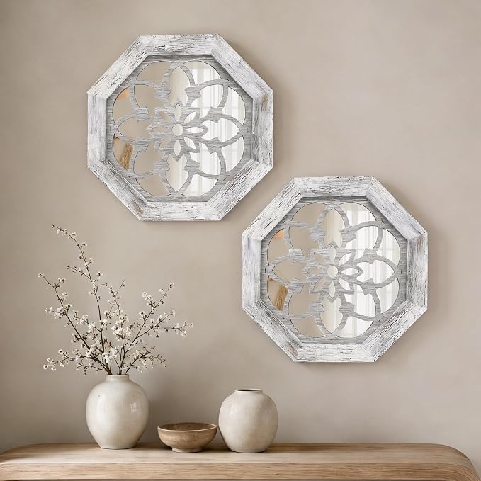 2 Pack 12 Inch Octagon Grey Rustic Wood Frame Acrylic Wall Mirrors, Farmhouse Boho Wall Art Decor for Living Room, Bedroom, Hallway, Entryway, Bathroom & Office