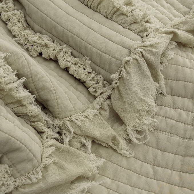 Ultra Soft Pre-Washed Quilted Boho Sage Green Twin Size Blankets for Bed, Olive Green Ruffle Fringed Decorative Throw, Stone Washed Chic Rustic Blanket for Sofa Couch Bed, 60"*80"