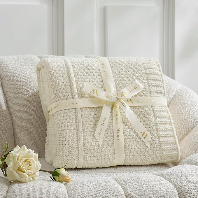 Chenille Throw Blanket for Couch, Soft Cozy Chunky Knit Blanket, Moss Stitch Throw for Sofa, Bed, Living Room, Lightweight Warm Home Decor, Cream White 60"x80"