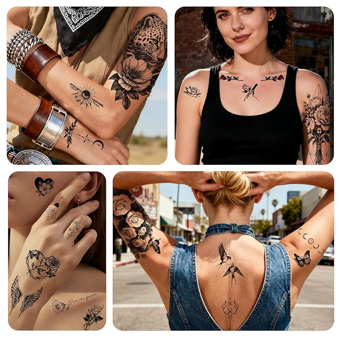 Yazhiji 92 Sheets Flower Temporary Tattoos For Women Arm Neck，Sunflower Serpent Peony Floral Rose Long Lasting Fake Tattoos For Adults Girl, Large Sexy Flowers Collection Waterproof Temporary Tattoos