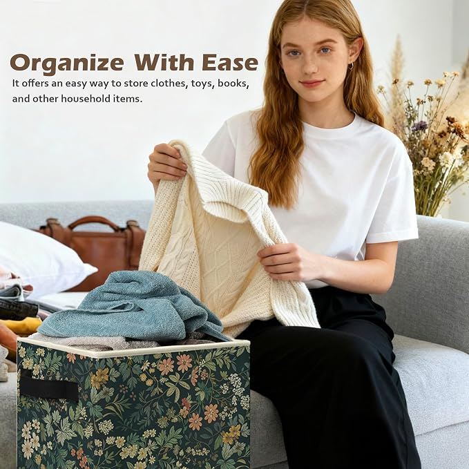 Dark Green Floral Botanical Storage Box Bins, Rustic Cottagecore Nature Flower Collapsible Storage Basket Organizer for Bedroom Bathroom Home Clothes Books, Decor for Room