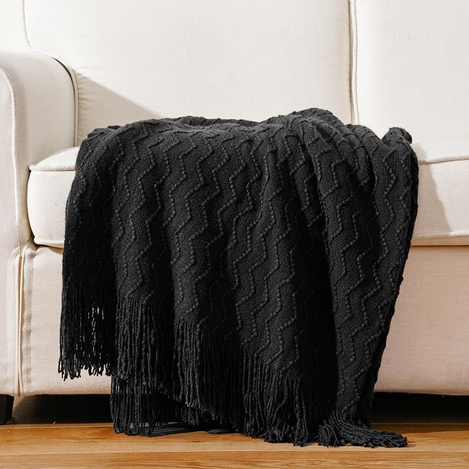 BATTILO HOME Black Throw Blanket for Couch, Boho Black Throws for Home Decor, Soft Throw Blankets for Bedroom Decor Housewarming Gifts, 50"x60"