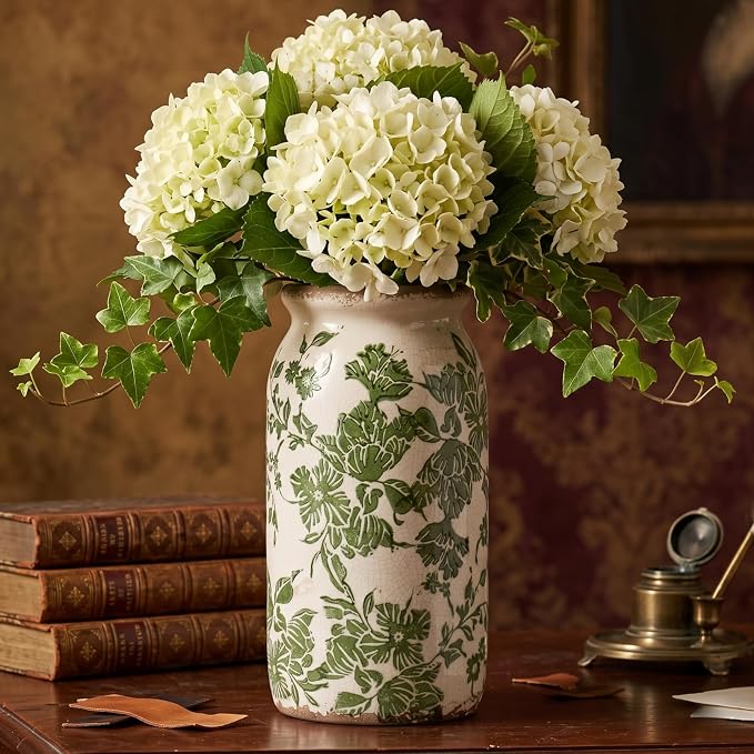 Vintage Green Tuscan Ceramic Vase, Rustic Flower Vases for Home Decor, 8in | Farmhouse Planter with Crackle Glaze, Floral Holder for Home Decor, Fresh Flowers, Rustic Tuscan Style, Living Room