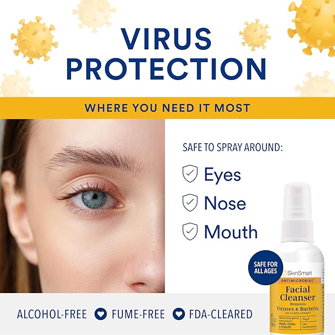 SkinSmart Antimicrobial Facial Cleanser Spray to Remove Viruses and Bacteria Around Eyes, Nose and Mouth, Fight Maskne, 2 oz Spray (3 Pack) Non-Irritating Hypochlorous Acid