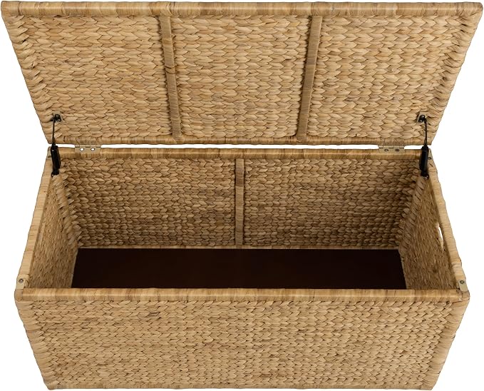 Water Hyacinth Bedding Storage Trunk, Natural, 42x20x18.5 | 2 Safety Hinges, Extra Large, Metal Frame, Wicker Blanket Chest, Decorative Storage Box