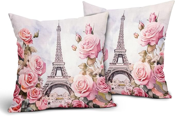 Valentine's Day Pillow Covers 20X20 Inch Set of 2 Paris Street Romantic Love Pink Flower Decorative Pillow Cases Anniversary Wedding Cushion Case Valentine Party Home Decor for Sofa Couch