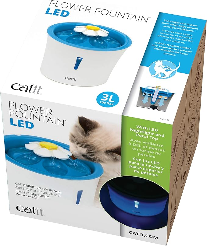Catit LED Flower Fountain with Triple Action Filter, Cat Drinking Water Fountain, Blue, 3 L, 9.0 x 8.3 x 7.7 Inches(Pack of 6)