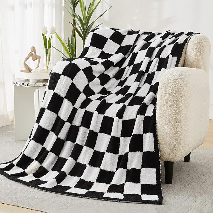 Soft Checkered Throw Blanket for Couch-Cozy Warm Knitted Blankets | Lightweight Warm Fluffy Decor for Women, Mom, Her & Girls, Sofa, Chair, Bed, 50x70in, Black and White