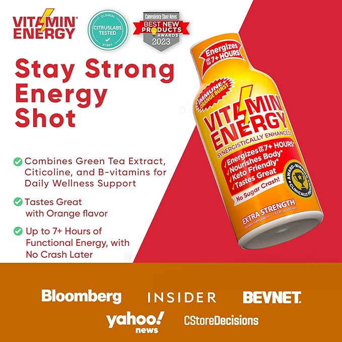 Vitamin Energy Immune+ Extra Strength Energy Shot Orange Burst 8 Pack, 260mg Natural Caffeine, B-Vitamins, Citicoline, Green Tea, Immunity & Focus Support, Zero Sugar, Gluten-Free 1.93 fl oz