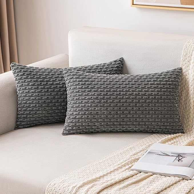 MIULEE Lumbar Decorative Throw Pillow Covers 12x20 Dark Grey Corduroy | Textured Striped Pack of 2 Striped Pillow Covers Modern Farmhouse Home Decor for Couch Bed Sofa Living Room