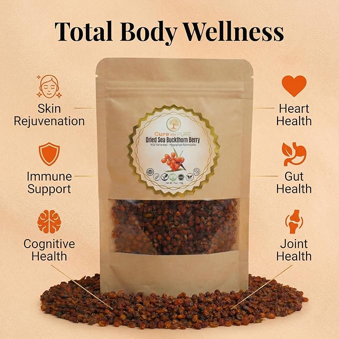 Cure Wid Pure | Organic Whole Dried Seabuckthorn Berries 4oz | Sea Buckthorn Berry From Himalaya | Espino Amarillo | High In Vitamin C,E & Omega 7 | Supports Skin, Immunity, Digestion, & Heart Health
