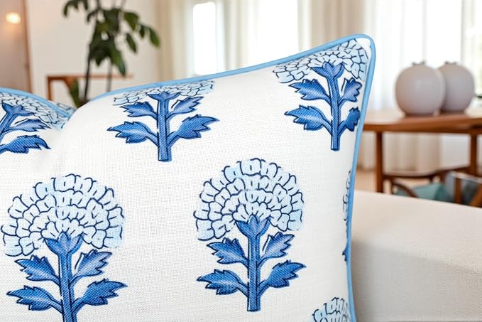 Marigold Floral Print 14x36 Extra Long Lumbar Pillow Cover, Blue | Blue marigold floral on off-white slub, blue piping; both sides printed; hidden zip; ext; cover only