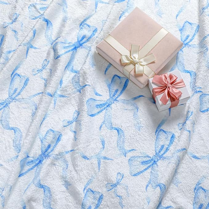 Blue Bow Throw Blanket 50"x60" Soft Flannel for Girls Women | Coquette Aesthetic Decor with Ruffled Edges, Ultra Plush Bed Sofa Blanket, Preppy Gift for Teens, Back to School Dorm Room