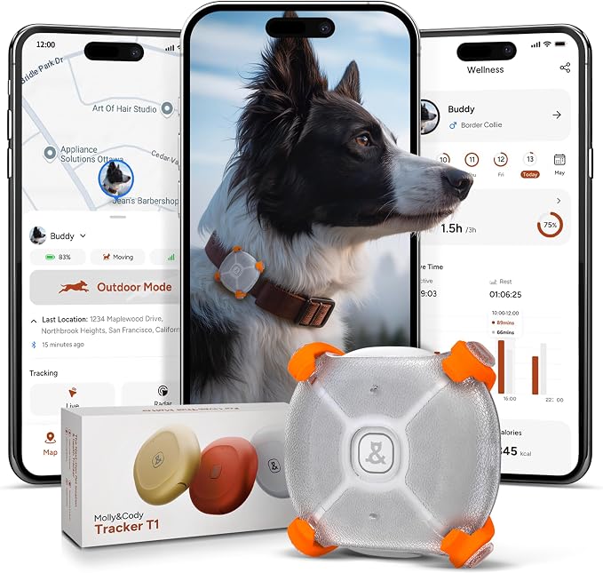 Molly&Cody Smart Dog & Cat GPS Tracker, 4 Smart Modes Real-Time Pet Tracker with Custom Virtual Fence IP67 Waterproof Location History & 365-Day Health Data Monitoring, Subscription Required