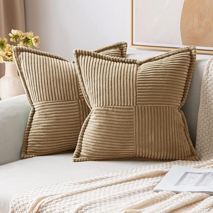 MIULEE Decorative Throw Pillow Covers for Couch 16x16 Inch Khaki 2 Pack | Boho Broadside Striped Patchwork Pillow Covers, Soft Corduroy Cushion Cases, For Sofa Bed Livingroom Home Decor