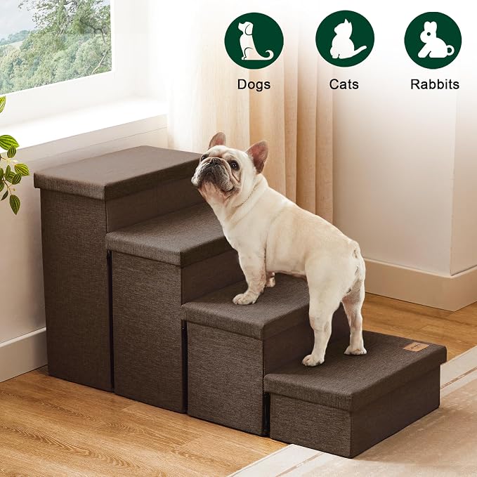 Love's cabin Dog Stairs for High Bed, Foldable Pet Stairs for Small Medium or Large Dogs Puppy with Storage for Bed or Couch, Cat Dog Steps Ramp with Zip up to 200 lbs, Coffee, 4 Steps
