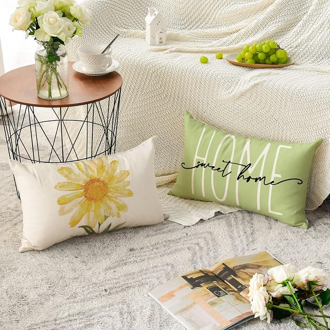 AVOIN colorlife Home Sweet Home Spring Summer Flowers Green Throw Pillow Covers, 12 x 20 Inch Cushion Case for Sofa Couch Set of 4