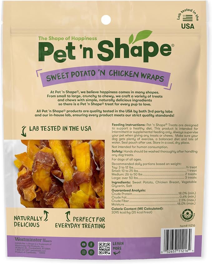 Pet 'n Shape Sweet Potato Chews Jerky Dog Treats - 1 Pound | Premium chicken breast, Sweet potato recipe, Limited ingredients, Wheat and soy free, Bite-sized snack, For all life stages