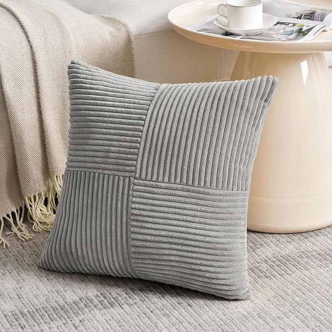 Fancy Homi 2 Packs Grey Decorative Throw Pillow Covers 16x16 Inch for Living Room Couch Bed Sofa, Rustic Farmhouse Boho Home Decor, Soft Corss Patchwork Corduroy Textured Square Cushion Case 40x40 cm