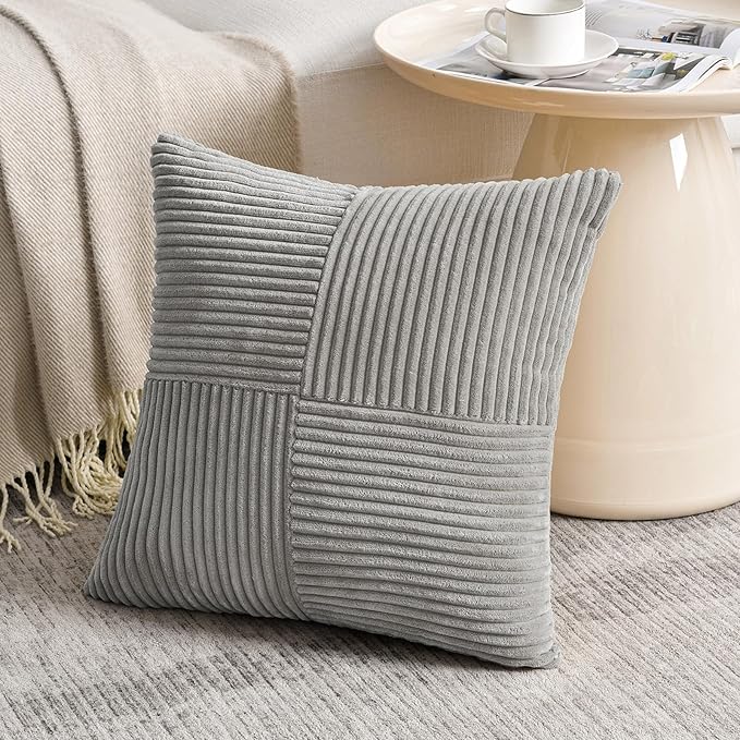 Fancy Homi Grey Big Decorative Throw Pillow Covers 24x24 Inch for Living Room Couch Bed Sofa, Rustic Farmhouse Boho Home Decor, Soft Corss Corduroy Patchwork Accent Square Gray Cushion Case 60x60 cm