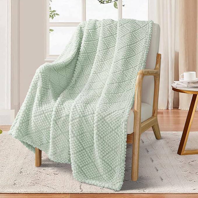 Whale Flotilla Soft Fleece Throw Blanket for Couch, Sage Green | Jacquard Waffle Blankets for Home Decor, Lightweight and Cozy, All Season Suitable, 50x60 Inch