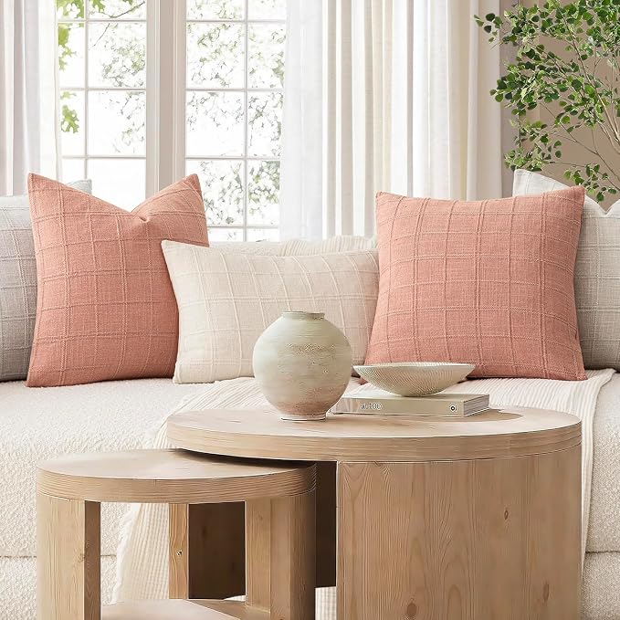 Foindtower Set of 2 Decorative Linen Check Throw Pillow Covers Neutral Farmhouse Vintage Cushion Covers Cozy Modern Boho Accent Home Decor for Sofa Chair Couch Bed Living Room,14×36 Inch,Coral Pink