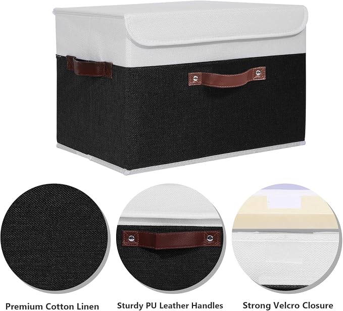 ANMINY Fabric Storage Box Bins with Lids, Black White, 15"x10"x10", 2 Pack | Keepsake Memory Storage, Cotton Linen, PP Board Reinforced, Washable, PU Handles, Foldable & Stackable, Decorative, Large