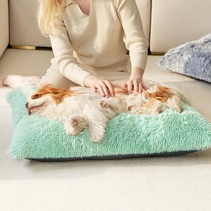 EHEYCIGA Fluffy Dog Crate Bed, Plush Extra Large Dog Pillow, Apple Green | Xlarge Calming Anti Anxiety Plush Faux Fur Mat for Large size dogs, Washable Soft Warm Dog Pad with Non-Slip Bottom